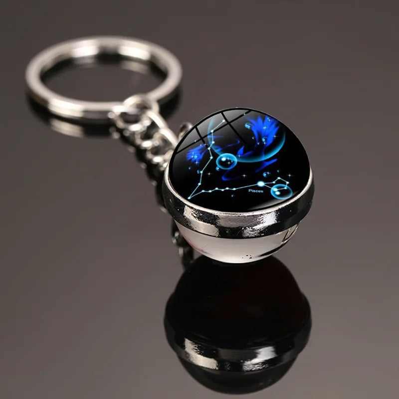 New Starry Sky Twelve Constellations Keychain Time Gemstone Double Sided Glass Ball Metal Keyring Bag Decoration Metal Keyholder