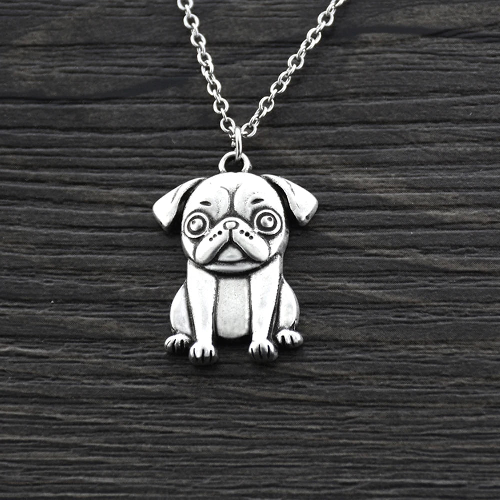 Cartoon Vintage Pug Pendant Necklace Adorable Dog Lover Jewelry Gift for Women Girls Stainless Steel Pet Memorial Charm Chain
