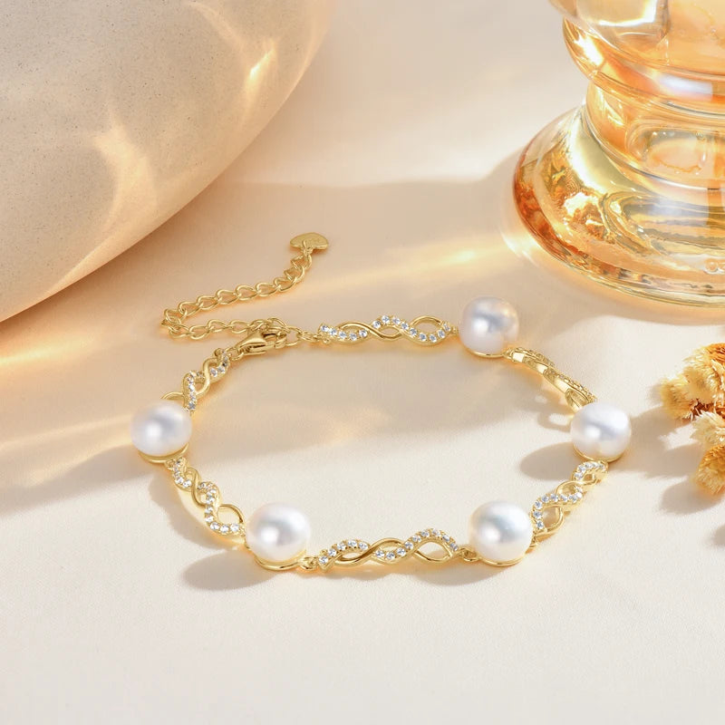 OXTAO 8mm Natural White Freshwater Pearl Zircon Bracelet 925 Sterling Silver Adjustable Chain Fashion Jewelry Gift Wholesale