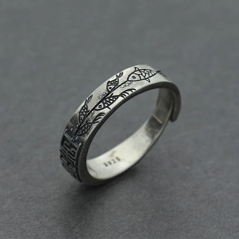 Bague rétro en argent sterling 925 avec motif de poisson sculpté, cadeau d'anniversaire pour couple, bijou tendance pour homme et femme, ajustable