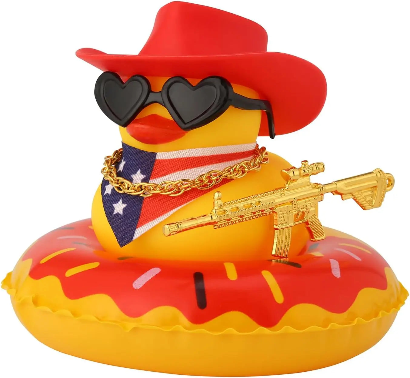 Rubber Duck with Weapon for Car Dashboard Decor, Squeaky Duck Toy Yellow Cowboy Ducks Car Ornament Fun Car Accessories