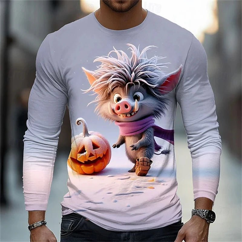 Halloween Men's Animal Cat 3D T-shirt Long-sleeved Men's Round-neck Shirt Fashionable Street Casual Daily Autumn Clothing