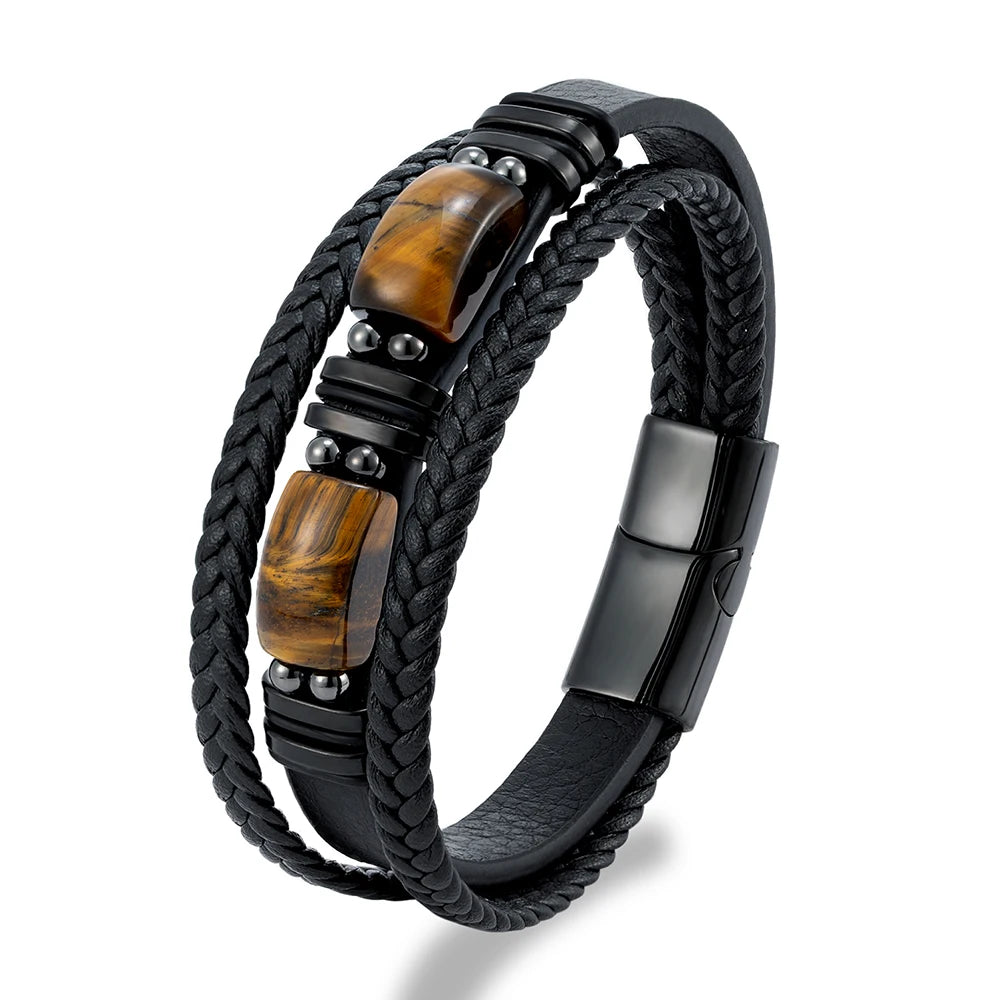 MKENDN Natural Tiger Eye Stone Men Bracelet Handmade MultiLayer Braided Leather Bangles Black Stainless Steel Jewelry