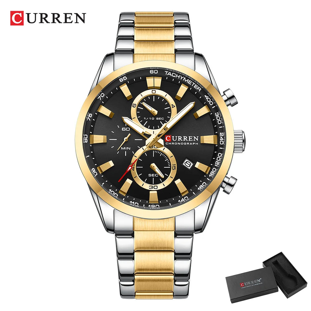CURREN Casual Sporty Brand Stainless Steel Band Wristwatches for Men New Chronograph Quartz Watches with Date 8445