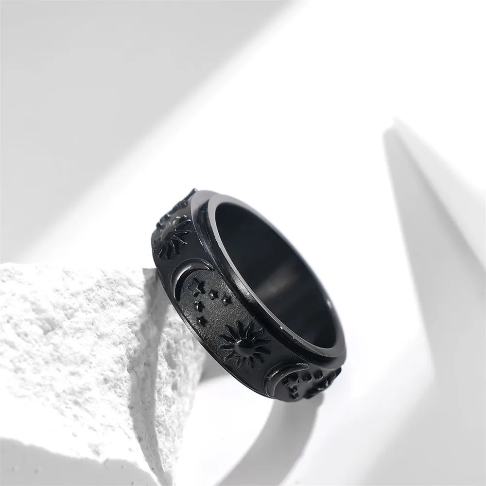 MKENDN High Quality Stainless Steel Embossed Star moon sun Rotatable Ring For Men Women Fashion Finger Jewelry Gifts