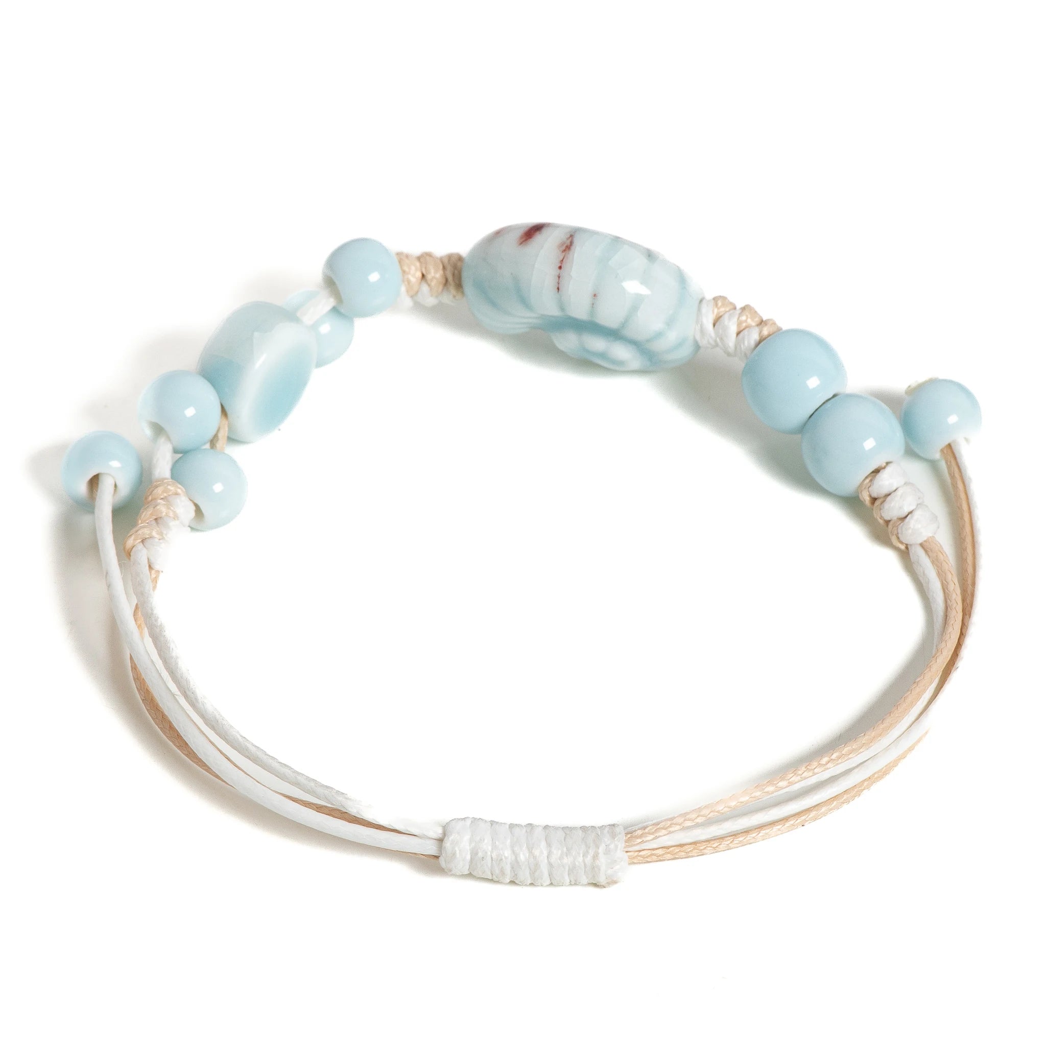 Handmade Blue Snail Shell Ceramic Bracelet Adjustable Handwoven Boho Jewelry for Women & Men - S02-005