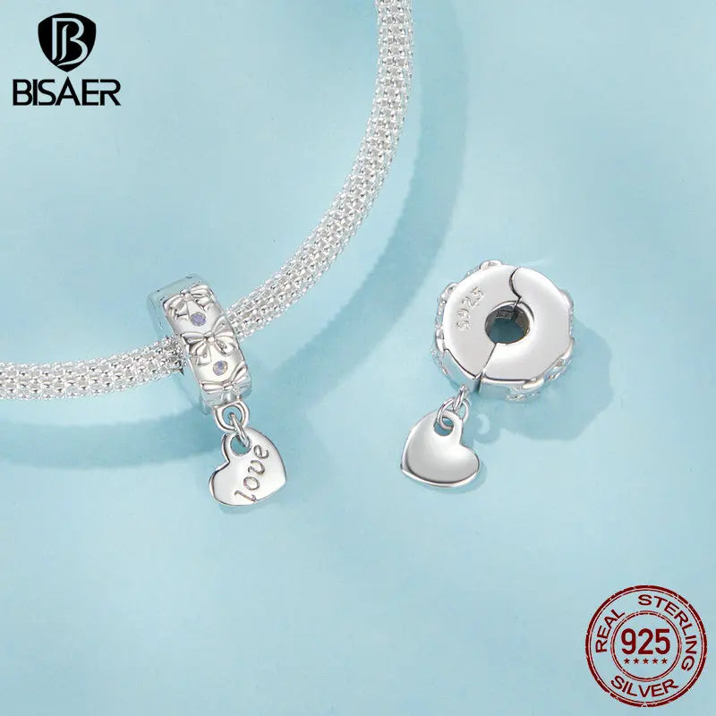 BISAER 925 Argent Sterling Ange Gardien Charm Perle Tulipe Coeur Clé Noeud Bouchon Pendentif Fit Femmes DIY Bracelet Bijoux Cadeau