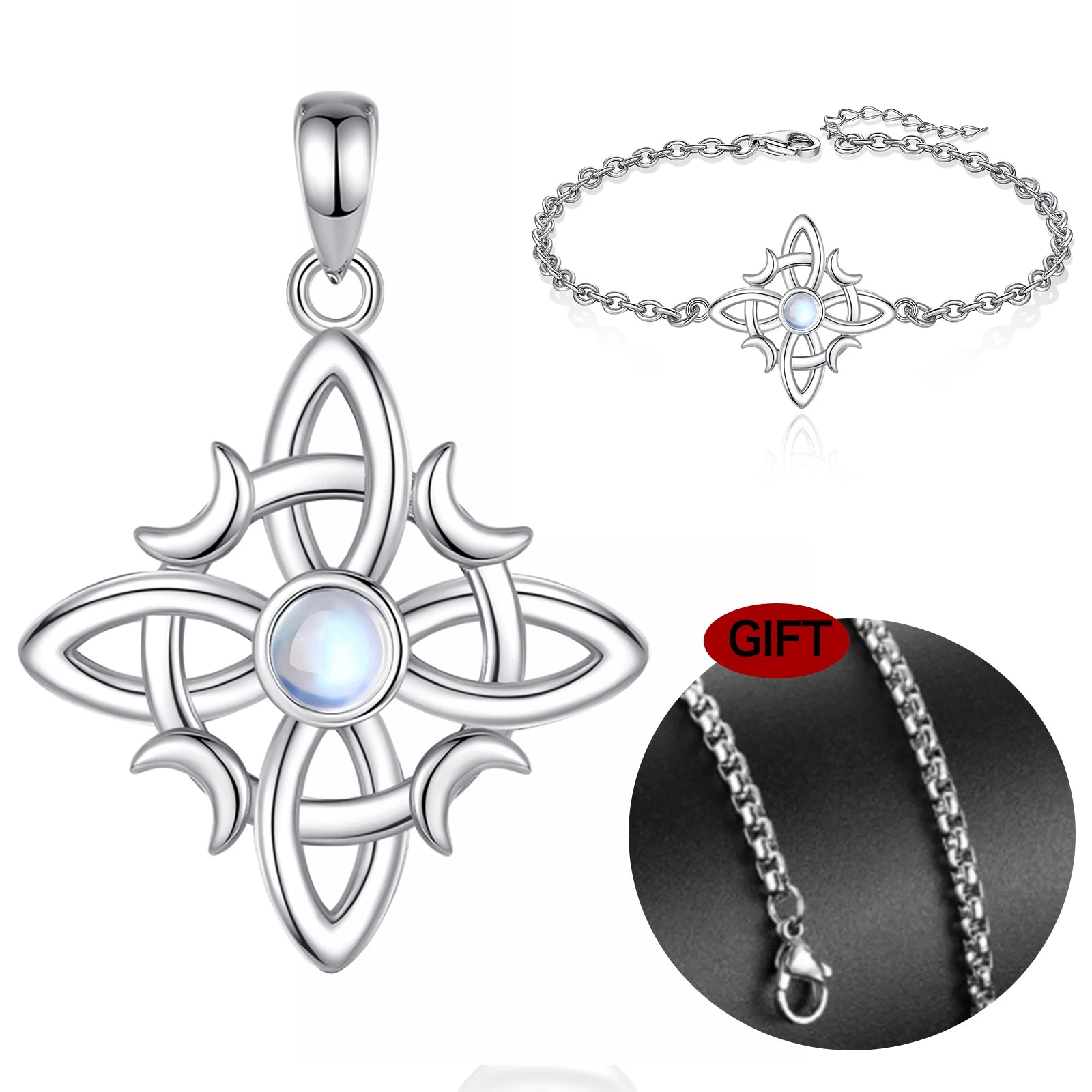 Eudora 925 Sterling Silver Witches Knot Necklace & Bracelet Moonstone Wicca Amulet Jewelry Set Fine Gift for Women Girl