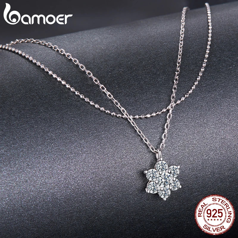 BAMOER Doppelreihige Moissanit-Halskette für Damen, Anhänger aus 925er Sterlingsilber mit Schneeflockenmotiv – ein bezauberndes Wintergeschenk