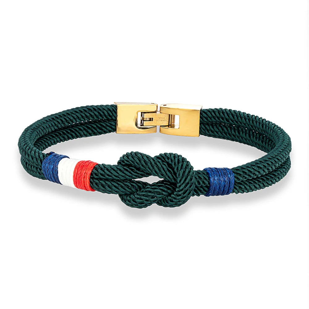 MKENDN Gold Plated Stainless Steel Square Knot Rope Bracelet Men Women Handmade Woven Double-Layer Design France USA Flag Gifts
