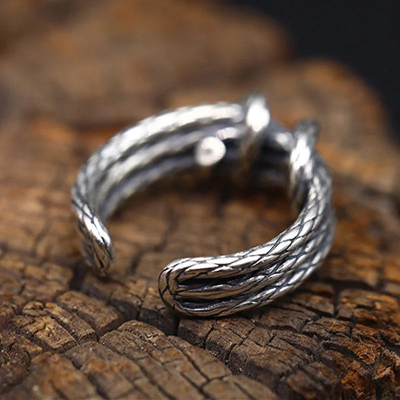 Retro Woven Rope Ring For Men Silver Color Punk Gothic Adjustable Open Ring Handmade Rock Biker Accessories Man Jewelry Gift