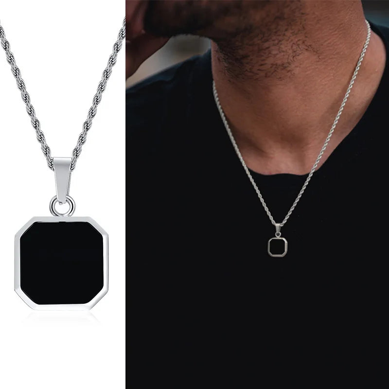 Vnox 2pcs Necklaces Set for Men, Geometric Square Pendant with 55cm Rope Box Cuban Chain, Simulated Pearl Chain Steel Collar