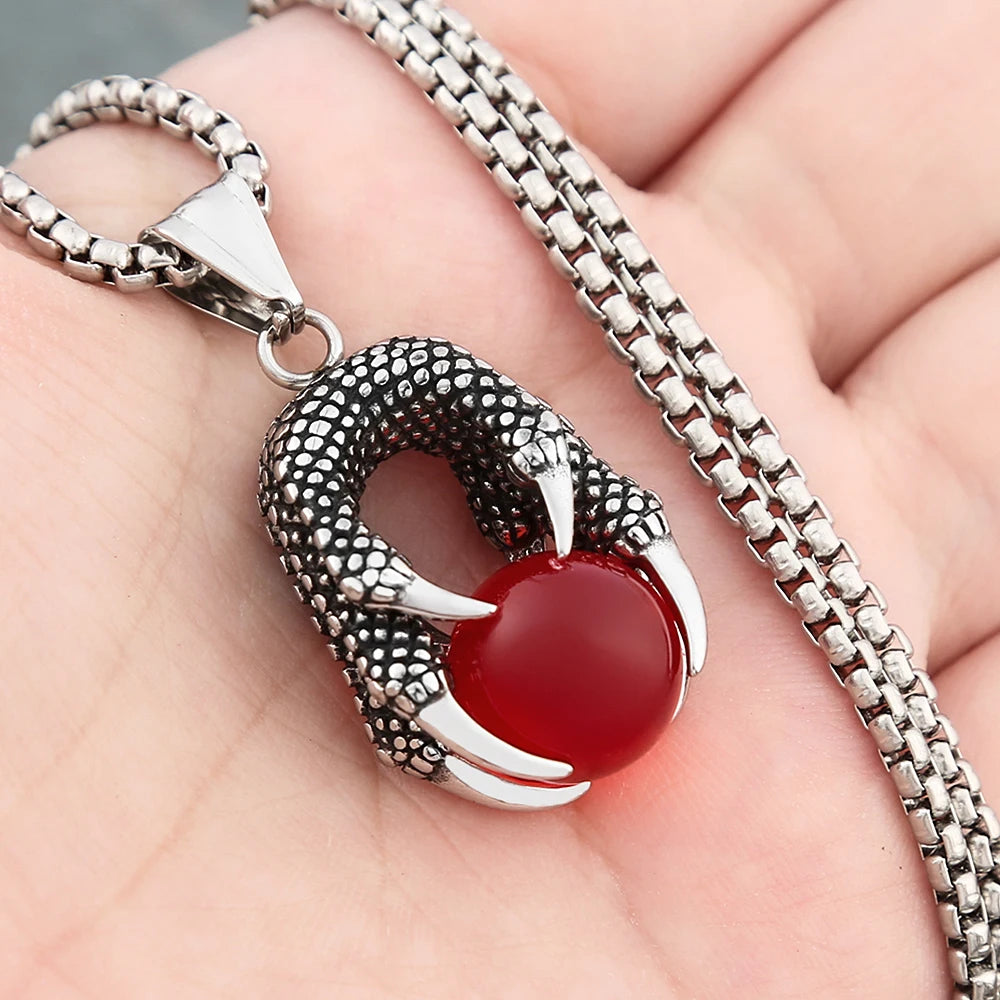 Punk Gothic Dragon Claw Pendant Necklaces For Men Women Stainless Steel Fashion Red Black Crystal Ball Necklace Biker Jewelry