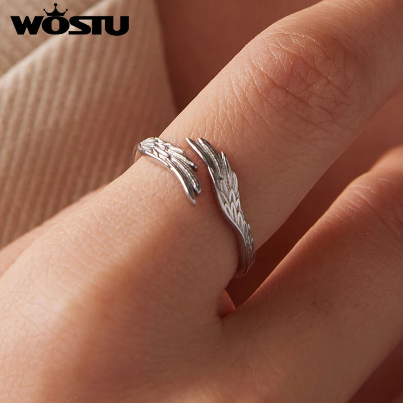 WOSTU Angel Wing Adjustable Ring for Women, 925 Sterling Silver Open Band Feather Rings Detail Jewelry Unique Party Gift New