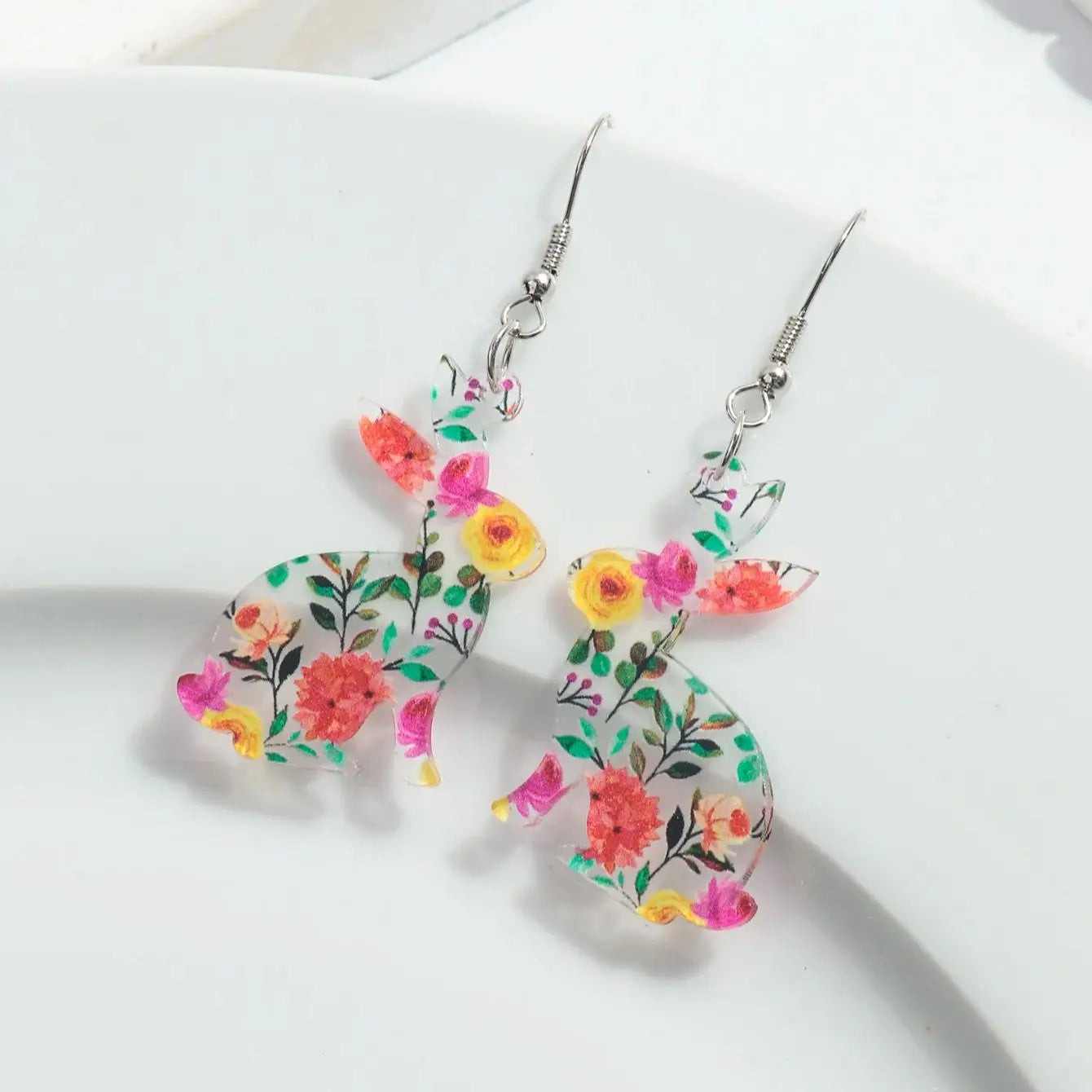 Easter Colorful Transparent Rabbit Pendant Earrings for Women Girls Lovely Animal Rabbit Print Drop Earrings Jewelry Party Gifts