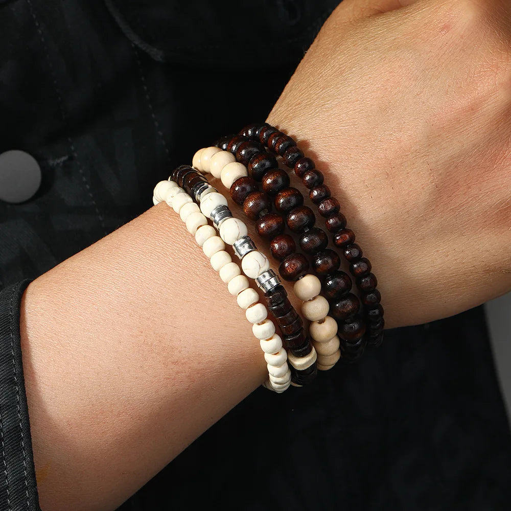 4Pcs/ Set Braided Wrap Leather Bracelets for Men Vintage Life Tree Rudder Charm Wood Beads Ethnic Tribal Wristband Rope Bracelet