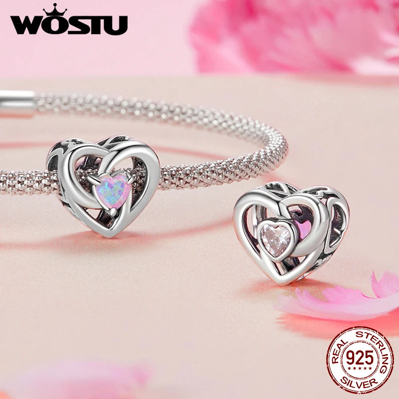 WOSTU Mom's Jewelry Gift 925 Sterling Silver Pink Opal Inifinite Love Charm Pendant Heart Puzzle Beads Fit Bracelet DIY Making