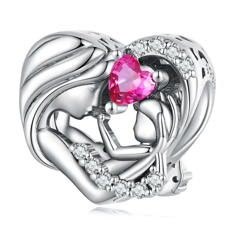 WOSTU 925 Sterling Silver Pink Love Heart Charms Bead Infinite Love Pendant Fit Bracelet Valentine Jewelry Mother's Day Gift