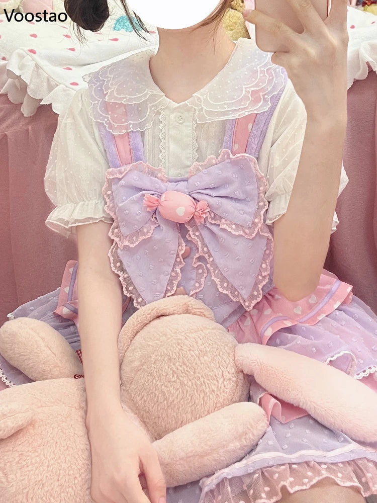 Sweet Lolita Blouses Girly Japanese Kawaii Bow Lace Peter Pan Collar Puff Sleeve JK Shirts Women Cute Princess Tops Blusas Mujer