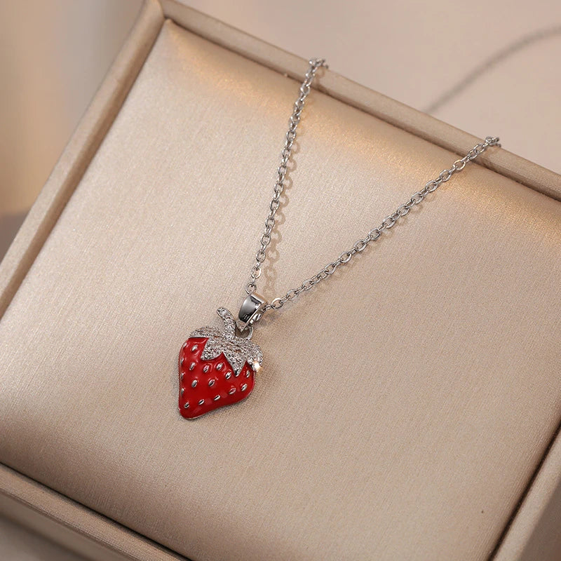Stainless Steel Shiny Zircon Red Strawberry Pendant Necklace For Women Girls Romantic Flower Planet Tulip Choker Luxury Jewelry
