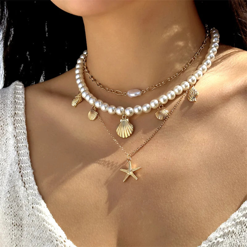 Mulitlayer Ocean Starfish Shells Pendant Necklace For Women Elegant Imitation Pearl Beads Choker Necklace Beach Party Jewelry - Madeinsea©