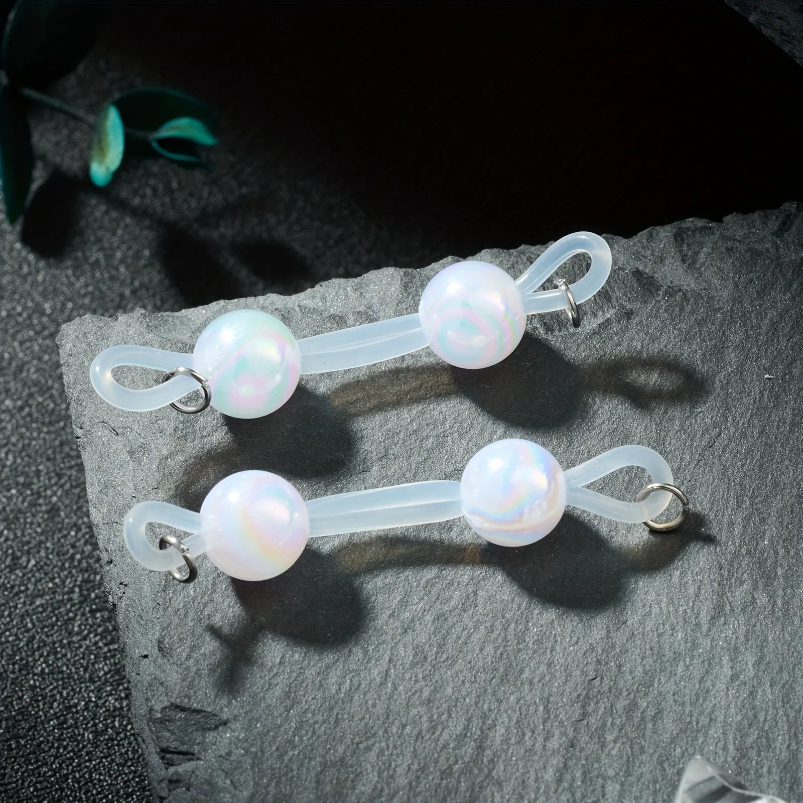 No-Piercing Bead Chains - Pastel Purple, Pink, Iridescent Pink/Blue/Purple/, Adjustable Silicone Rings, Clip-On Jewelry