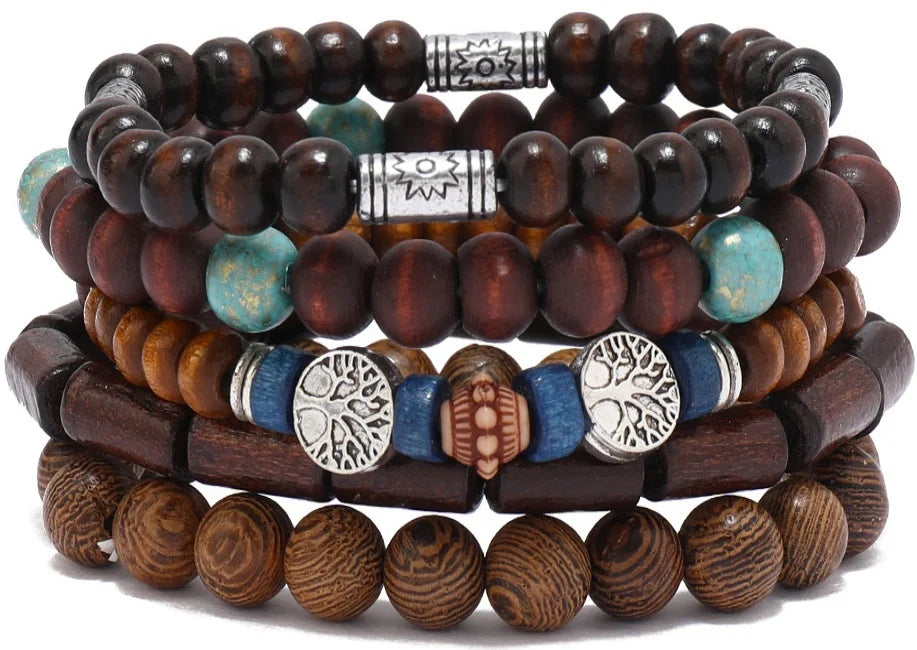 4Pcs/ Set Braided Wrap Leather Bracelets for Men Vintage Life Tree Rudder Charm Wood Beads Ethnic Tribal Wristband Rope Bracelet