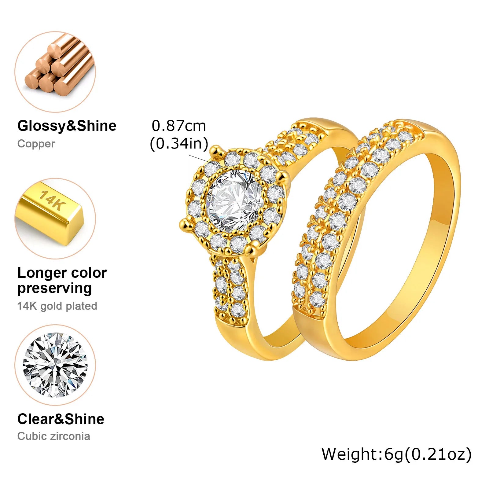 Vnox Lightweight Gold Silver Color 2 Piece Rings Set,Cubic Zirconia Inlaid Circle Rings For Women Girls,Female Jewelry Wedding