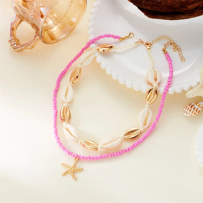 Mulitlayer Ocean Starfish Shells Pendant Necklace For Women Elegant Imitation Pearl Beads Choker Necklace Beach Party Jewelry - Madeinsea©