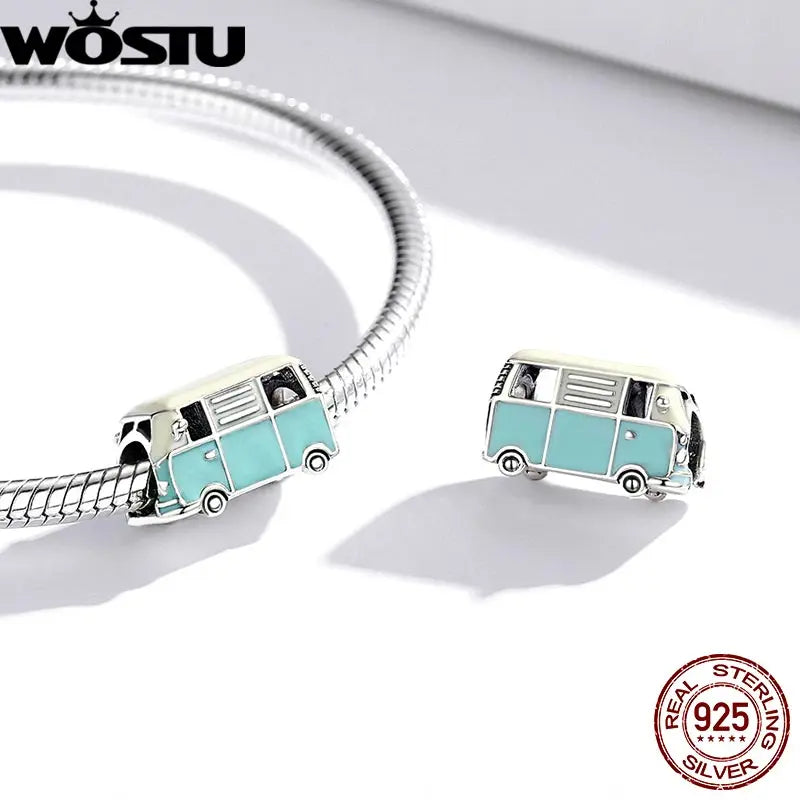 WOSTU 925 Sterling Silver Cartoon Bus Charm Beetle Car Bead Pink Bicycle Pendant Fit Bracelet Necklace Girl Birthday DIY Jewelry