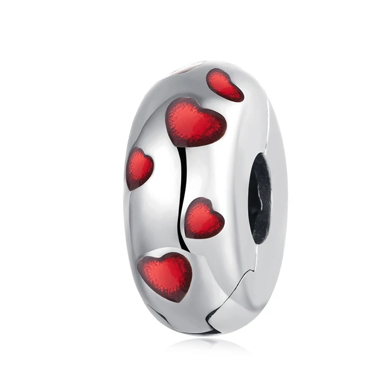 WOSTU Solid 925 Sterling Silver Enamel Red Heart Charms Clips Beads Fit Original Bracelet DIY Gift For Lover Daughter Mom