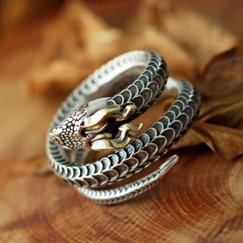 Buyee 925 Sterling Silber Einzigartiger großer Ring Ausgezeichnete gehörnte Schlange Offener Ringfinger für Mann Frau Rock Punk Edler Schmuck Kreis
