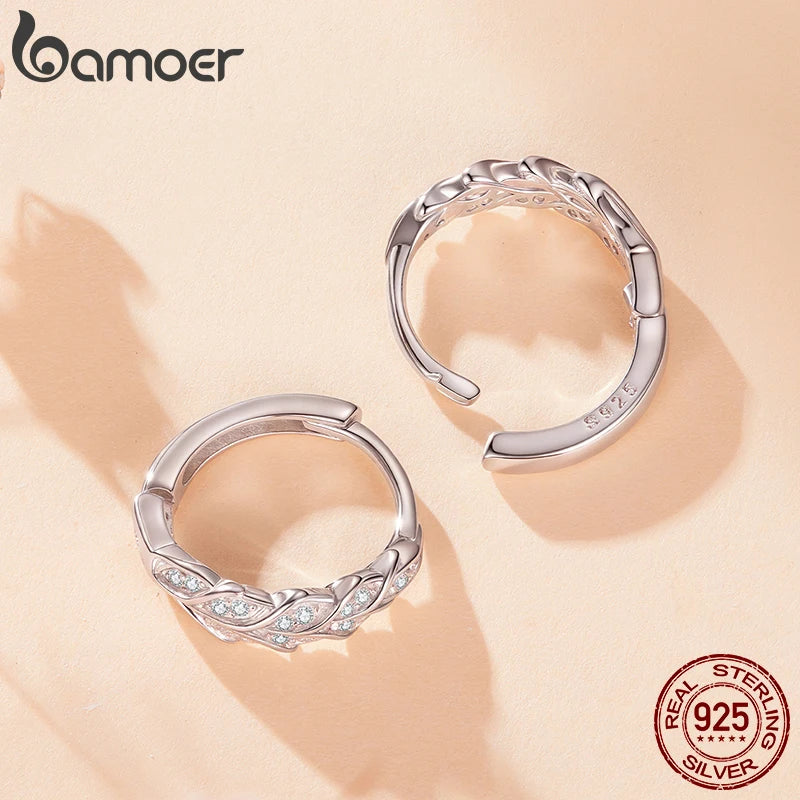 BAMOER 925 Sterling Silver Wheat Hoop Earrings for Women, Full Zircons Feather Shape Earrings Lightweight Shining Jewelry Gift