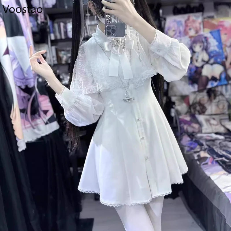 Japanese Gothic Style Rhinestone Pearl Bow Dress Women Lace Ruffles Shawl Long Sleeve Slim Shirts Dresses Lolita Y2k Party Dress - Madeinsea©