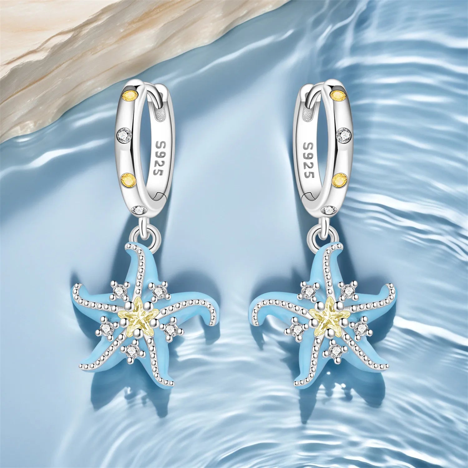 PANPOKI 925 Sterling Silver Blue Starfish Drop Earrings Women Earrings Charm Fashion Versatile Party Jewelry Gifts