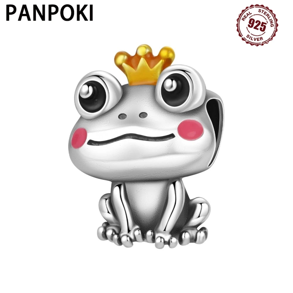 PANPOKI 925 Sterling Silver Cute Crown Frog Animal Charms Beads Fit Bracelets DIY Party Decoration Gifts Jewelry Accessory