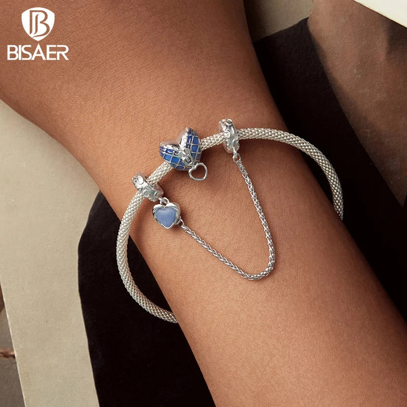 BISAER 925 Sterling Silver Bee Button Charm Bead Tailor Set Heart Zipper Denim Pendentif Fit Femme DIY Bracelet Fine Jewelry Gift