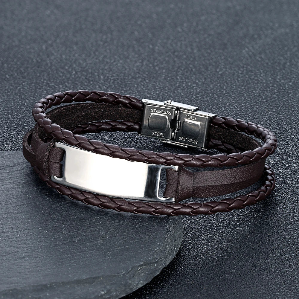 MKENDN Luxury Brand Custom Logo Name Engrave Leather Bangle & Bracelet Women Handmade life-saving Men Rope Id Bracelets