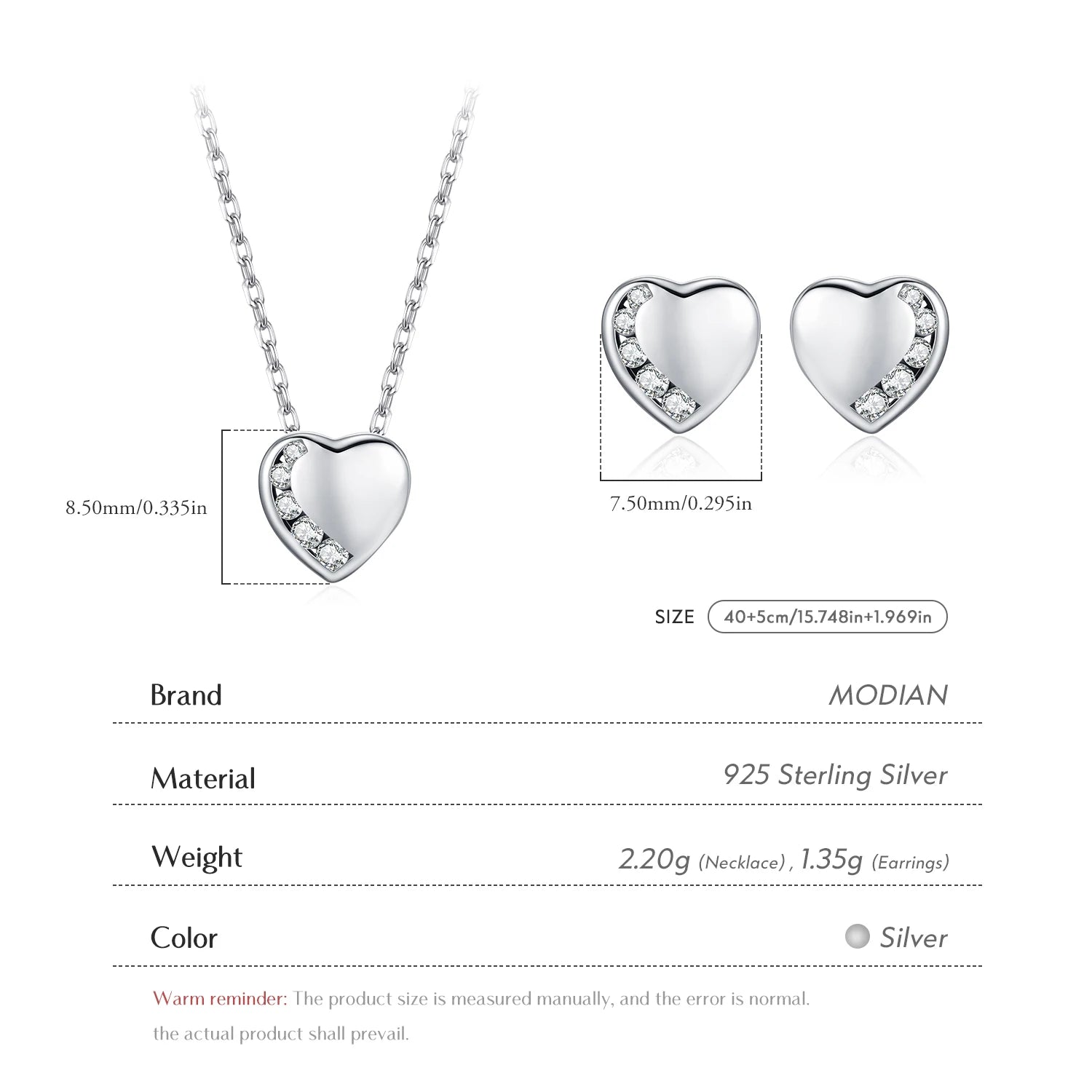 MODIAN 925 Sterling Silver Sets Simple Heart Ear Studs Dazzling Clear CZ Pendant Necklace For Women Fine Jewelry Sets