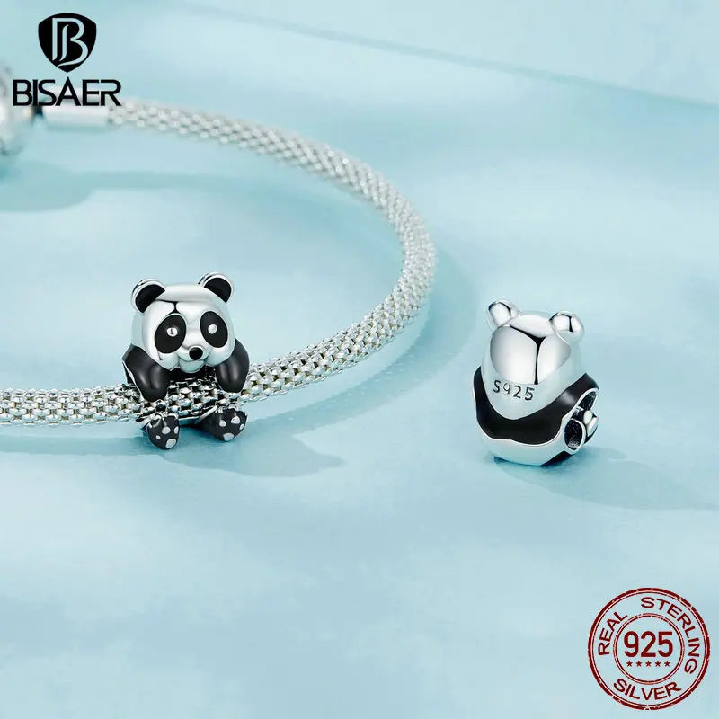 BISAER 925 Sterling Silver Bear Pendant Black Enamel Process Cross Spacer Beads for Women DIY Bracelet & Necklace Fine Jewelry