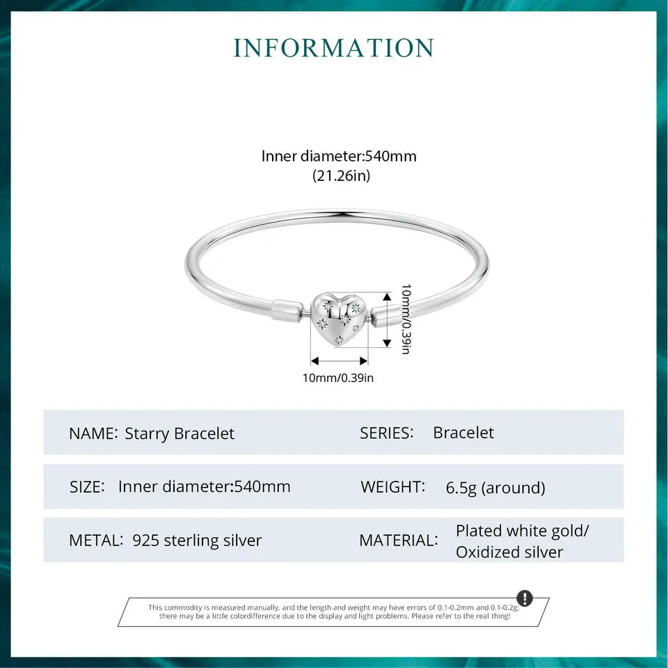 BISAER 925 Sterling Silver Heart Bracelet Dainty Starry Basic Bracelet Plated White Gold for Women DIY Charm Bead Fine Jewelry