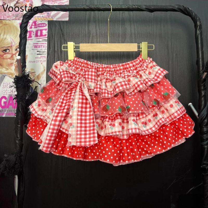 Japanese Kawaii Lolita Style Y2k Mini Skirt Women Sweet Strawberry Print Ruffle Punk Cake Skirt Girl Cute Bow Skirt Faldas Mujer