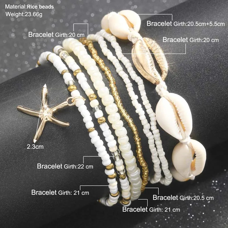 Bohemian Starfish Shell Beaded Anklet Set for Women Summer Fashion Multi-Layer Rice Beads Leg Chains Beach Jewelry Accessories - Madeinsea©