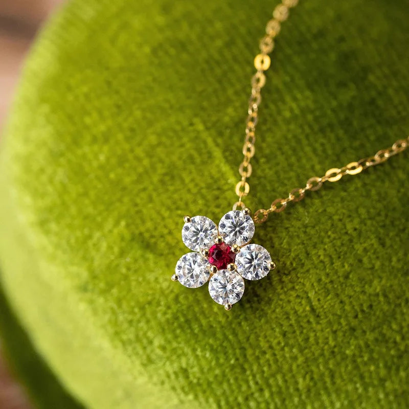 925 Sterling Silver Retro High Quality Flowers Pendant Necklace Red CZ For Women Birthday Gift Fine Jewelry