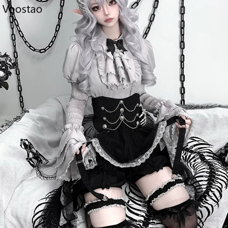 Victorian Vintage Gothic Lolita Dress Set Women Punk Y2k Long Sleeve Shirt Lace Ruffle Black Skirt Halloween Cosplay Party Dress