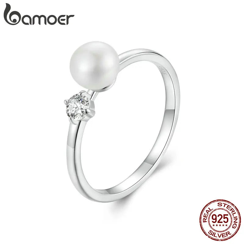 BAMOER Luxury Natural Pearl Moissanite Ring for Women, 925 Sterling Silver Elegant Anniversary Statement Gift Fine Jewelry