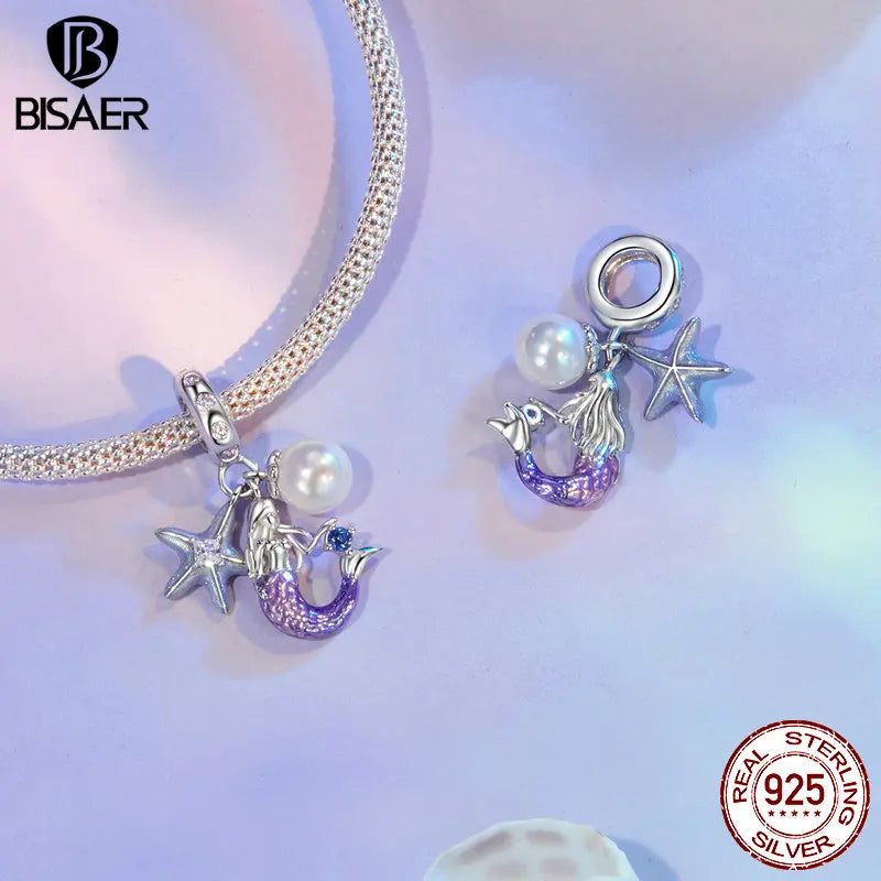 BISAER 925 Sterling Silver Ocean Dreamy Mermaid Charm Bead Rainbow Fishtail Crystal Pendant Fit Women DIY Bracelet Fine Jewelry