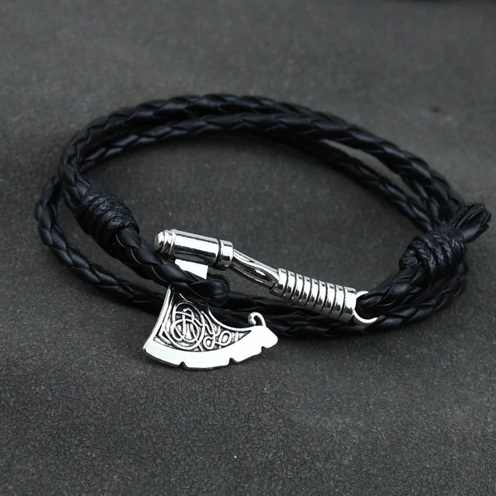 Mens Axe Viking Bracelet Irish Knot Hatchet Handmade Braided Multilayer Leather Pirate Bracelet For Male Hand Jewelry