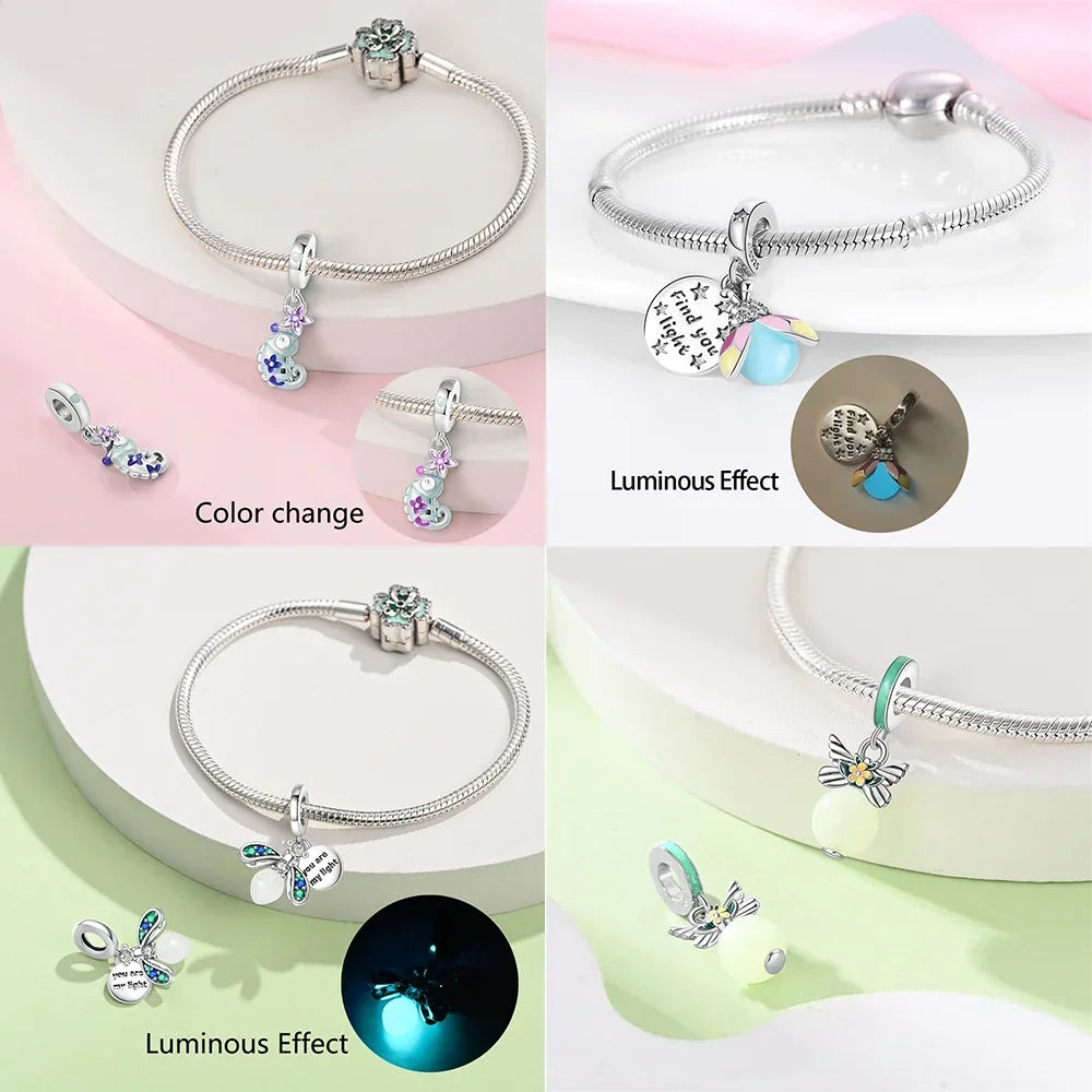 925 Sterling Silver Chameleon Luminous Firefly Butterfly Charms Beads Fit 925 Original Bracelets Fine DIY Jewelry Making