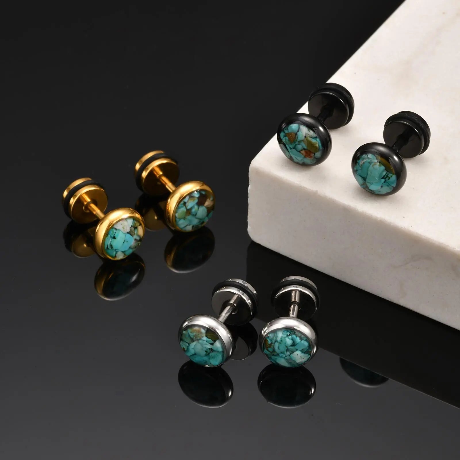 Vnox Irregular Turquoise Stones Stud Earrings for Women Men, Clear Enamel Round Small Earrings,Stainless Steel Ear Jewelry